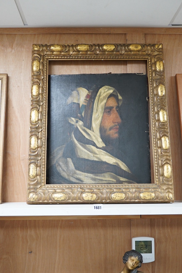 Late 19th / early 20th century, English School, Portrait of an Arab, unsigned, oil on canvas, stamp verso, in frame, 50 x 40cm